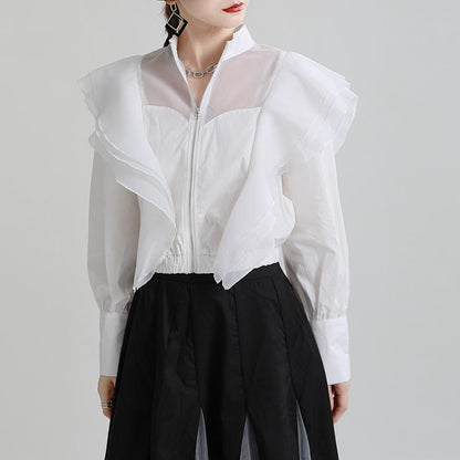 Women Long Layered Sleeves Net Early Fall Zipper Shirts