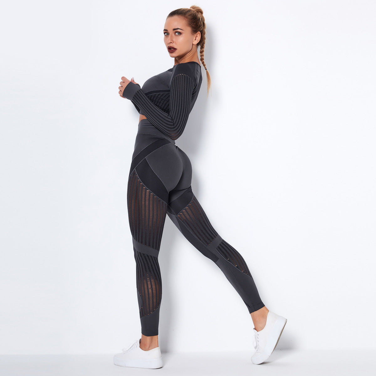 Sexy Hollow Out Long Sleeves Tops and Leggings Sets for Yoga Sporting