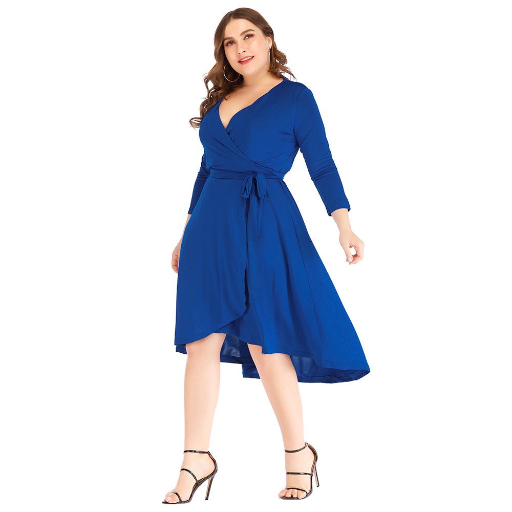 Plus Sizes V Neck Blue Women Fall Dresses-STYLEGOING