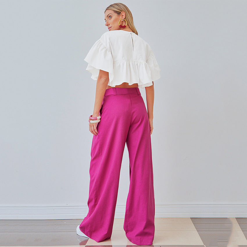 Rose Red High Waist Wide Legs Pants for Women