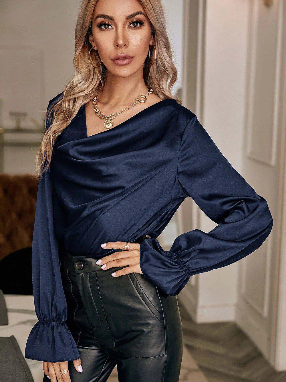 Elegant Satin Pullover Long Sleeves Women Shirts