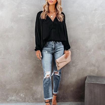 Simple Style V Neck Long Sleeves Leisure Shirts-STYLEGOING