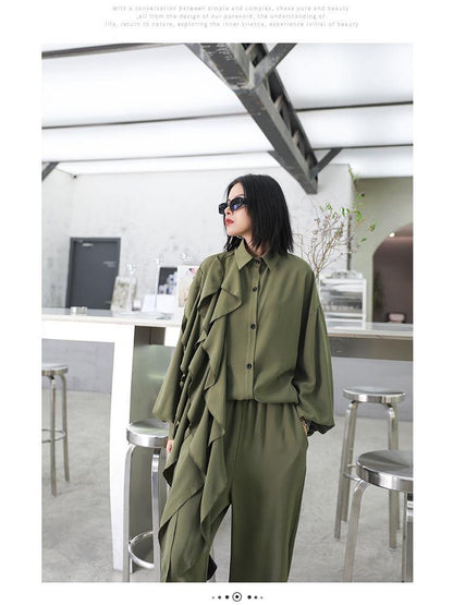 Retro Women Ruffles Top&Loose Pants-STYLEGOING
