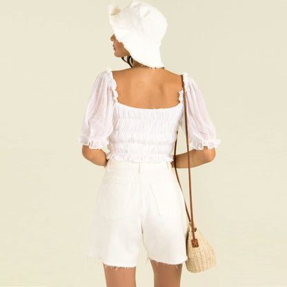 Sexy Square Neckline Chiffon Midriff Baring Summer Women Tops