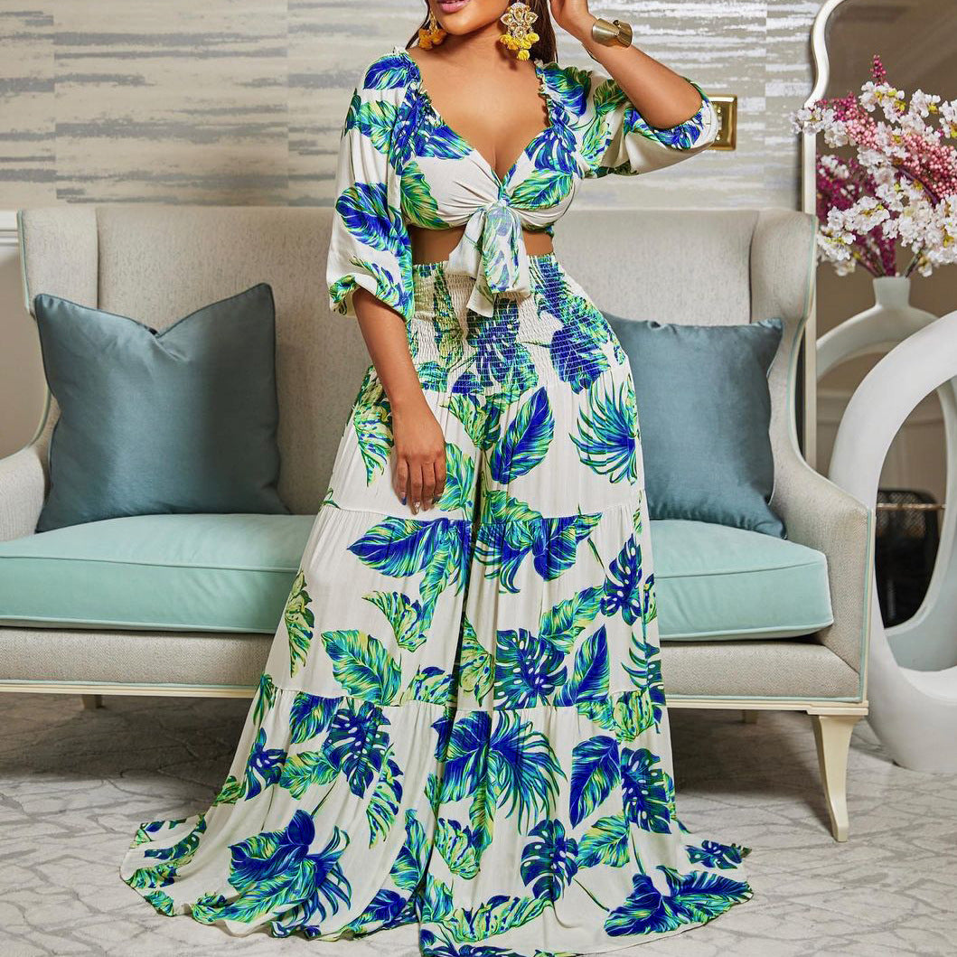 Casual Leaf Print Two Pieces Women Suits