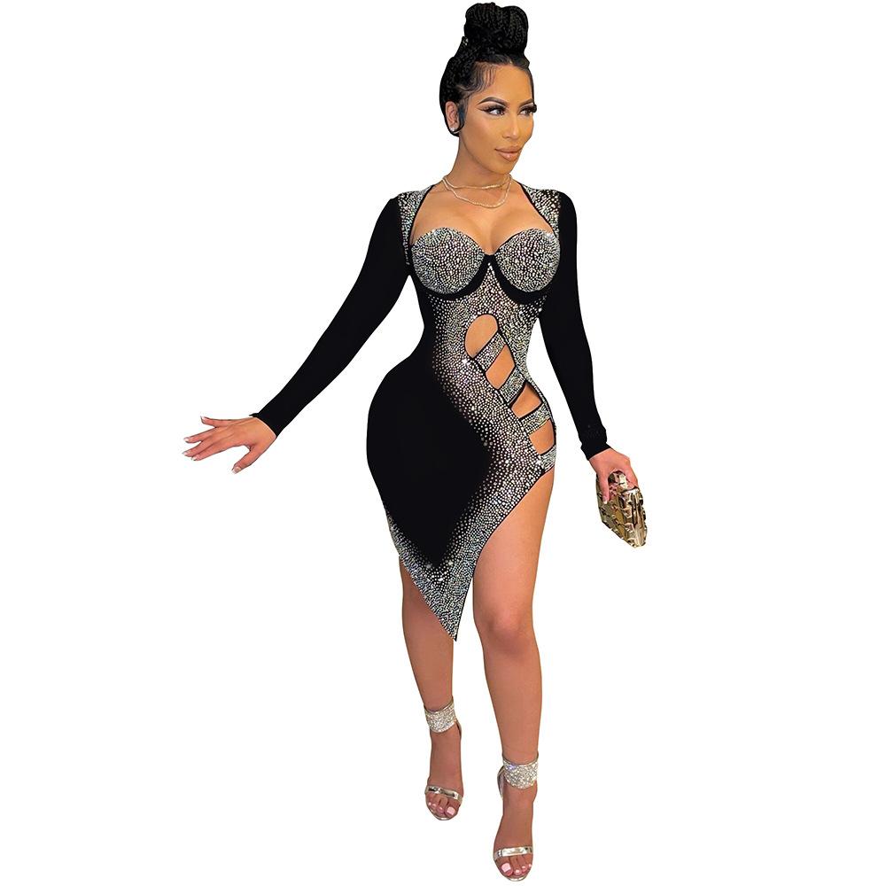 Sexy Long Sleeves Diamond Night Club Dresses-STYLEGOING