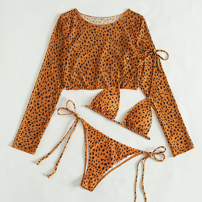 Sexy Long Sleeves Leopard Three Pieces Women Bikinis Swimwear
