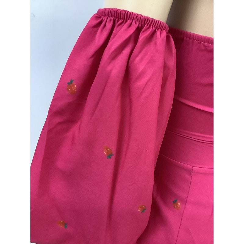 Sexy Strapless High Waist Puff Sleeves Strawberry Dresses