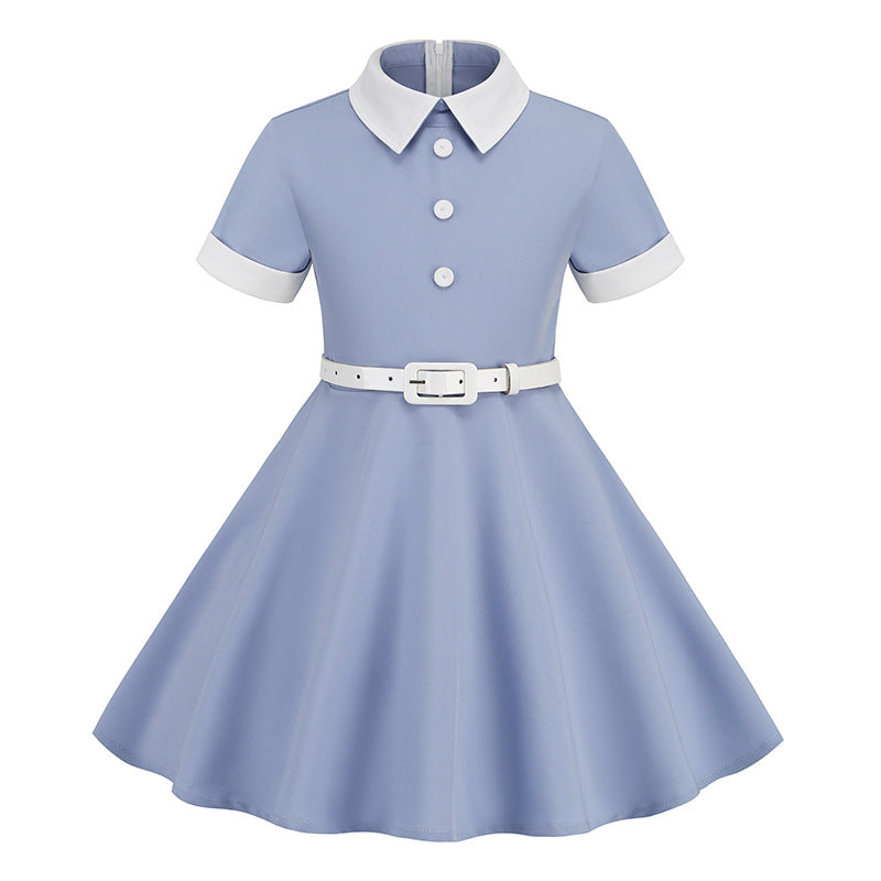 Vintage Short Sleeves Kids Dresses with Belt