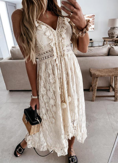 Summer Lace V Neck Sexy Midi Dresses-STYLEGOING