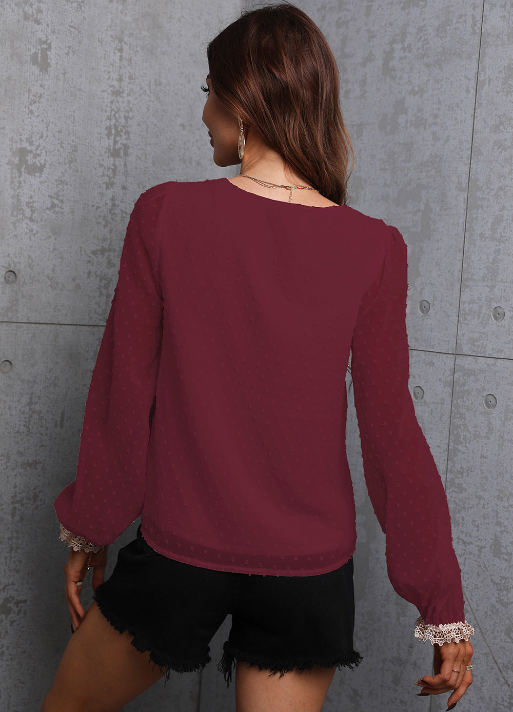 Chiffon Women Long Sleeves Lace Blouses