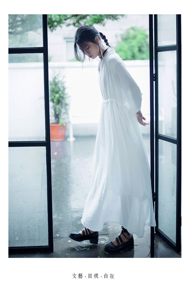 Casual Linen Half Sleeves Drawstring Long Cozy Dresses