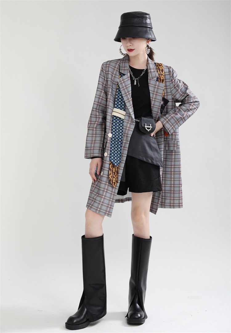 Women Double Breasted Fashion Necktie Blazer Coat