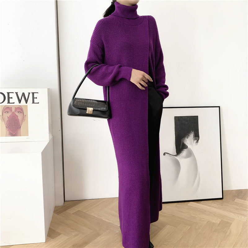 Designed High Neck Split Knitted Pullover Long Dresses