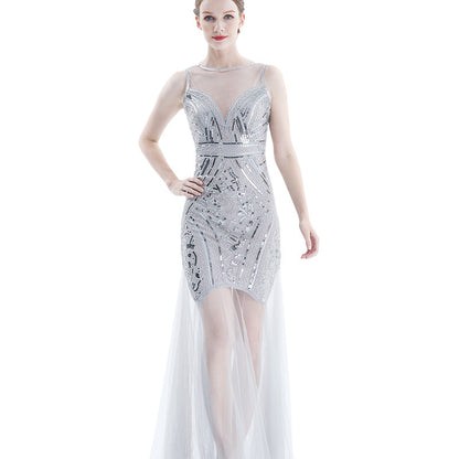 1920s Vintage Sequined Tulle Evening Party Long Dresses