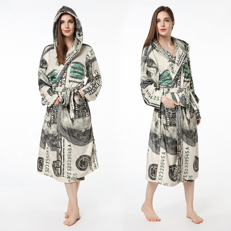 Casual Dollar Print Fleece Warm Sleepwear Night Gown