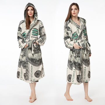 Casual Dollar Print Fleece Warm Sleepwear Night Gown