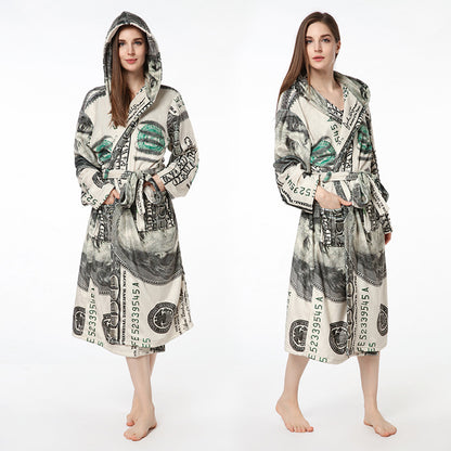 Casual Dollar Print Fleece Warm Sleepwear Night Gown