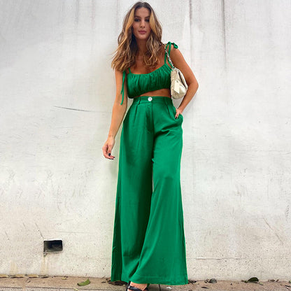 Sexy Summer Cotton Green Crop Tops and Pants Sets