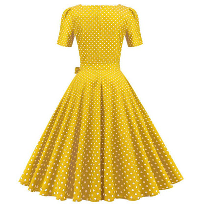 Short Sleeve Square Neckline Print Dot Dresses-STYLEGOING