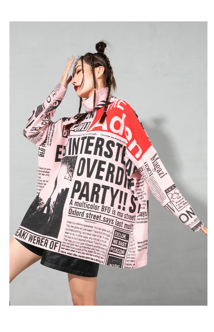 Plus Sizes Turtleneck Newspaper Print Women Sweaters