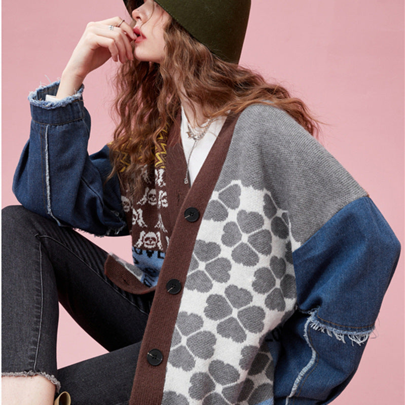 Contrast Colors Designed Women Knitting Sweater Cardigans