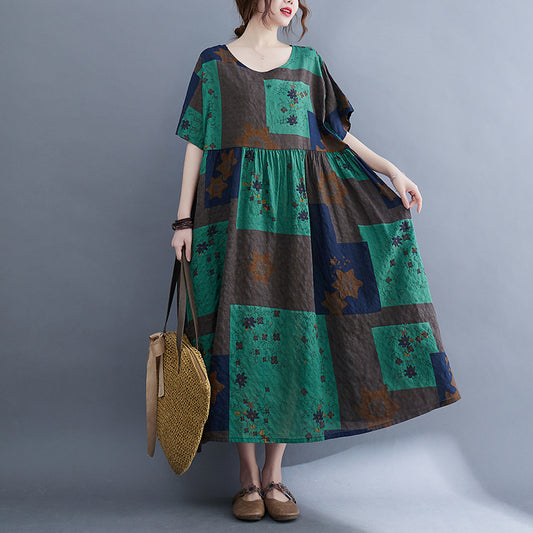 Vintage Summer Linen Short Sleeves Long Cozy Dresses