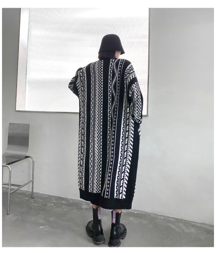 Casual Black Striped Long Knitting Cardigan Tops
