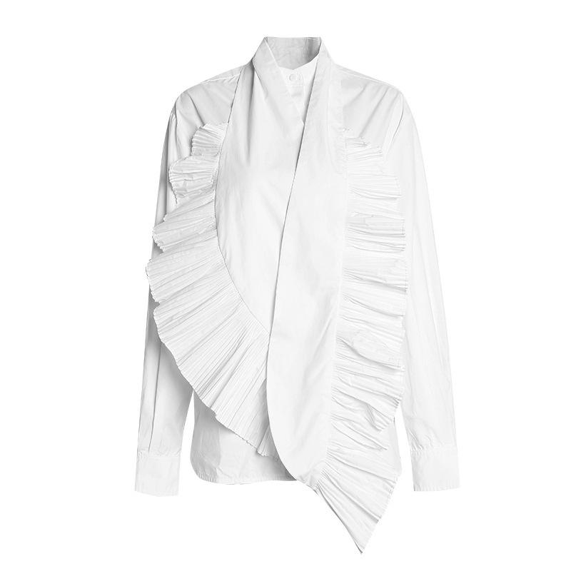 Women Stand Collar Pleat Designed Shirts-STYLEGOING
