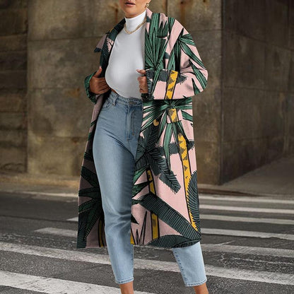 Leisure Fashion Floral Print Turover Collar Overcoat-STYLEGOING