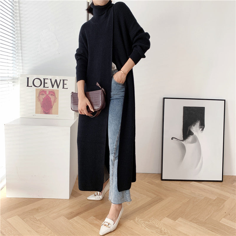 Designed High Neck Split Knitted Pullover Long Dresses