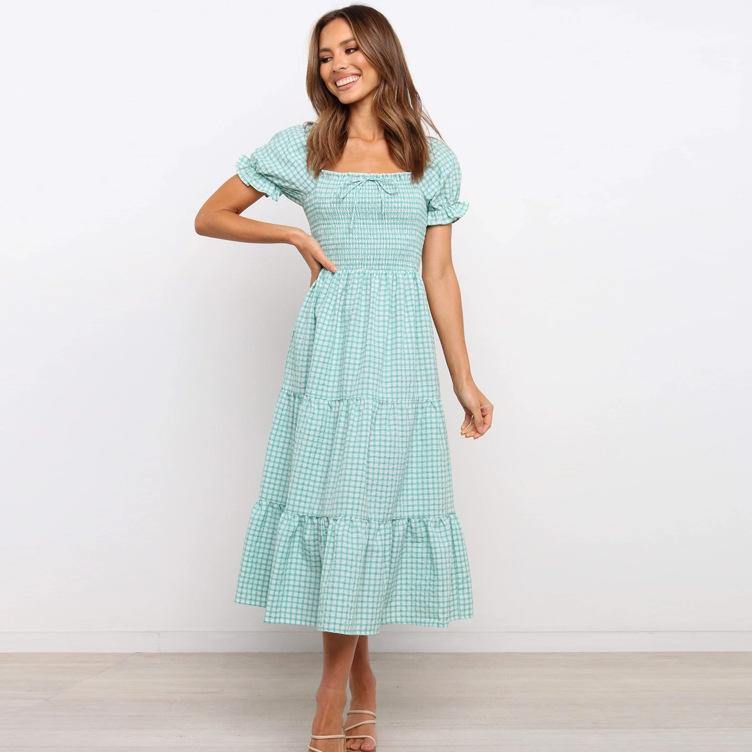 Sweet High Waist Light Green Plaid Long Dresses-STYLEGOING