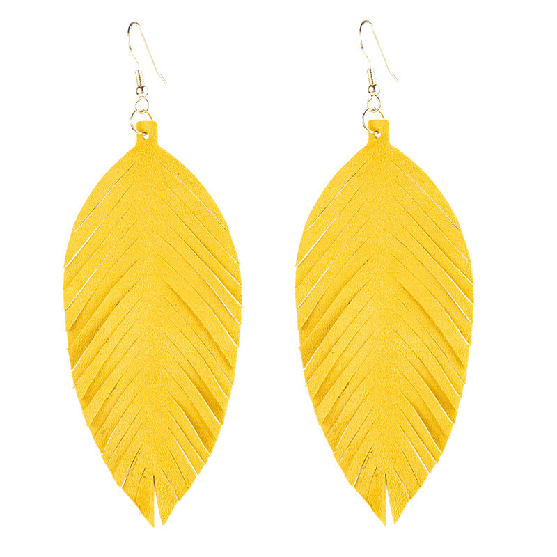 Leaves Designed Tassels Pu Leather Women Earrings