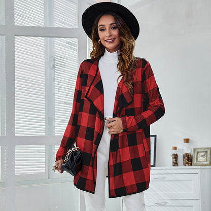 Casual Pocket Design Plaid Women Coats