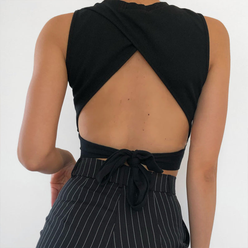 Sexy Backless Bow Design Sleeves Crop Tops