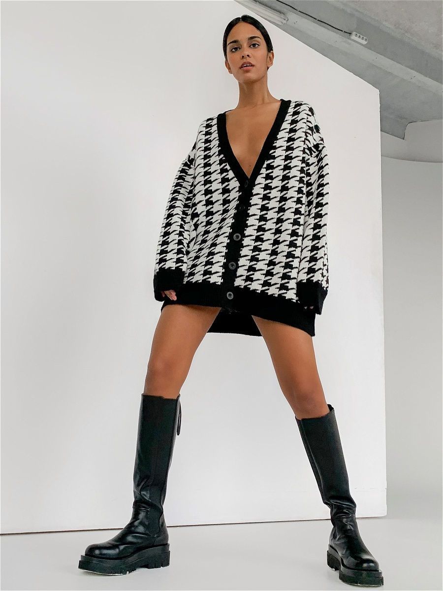Women V Neck Kntting Plaid Long Sleeves Cardigan Overcoat-STYLEGOING