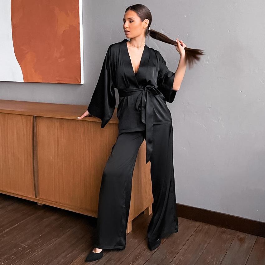 Women Satin Lace Up Fall Sleepwear Suits for Women