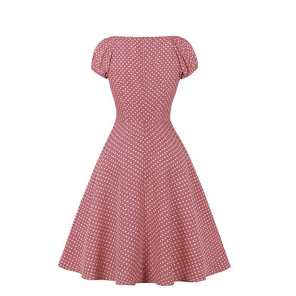 Women Short Sleeves Dot Print Vintage Dresses-STYLEGOING