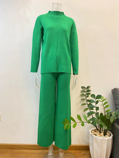 Winter Long Sleeves Knitted Tops and Wide Leg Pants