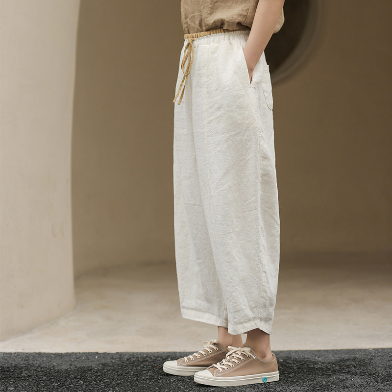 Casual Linen Elastic Waist Cropped Trousers for Women