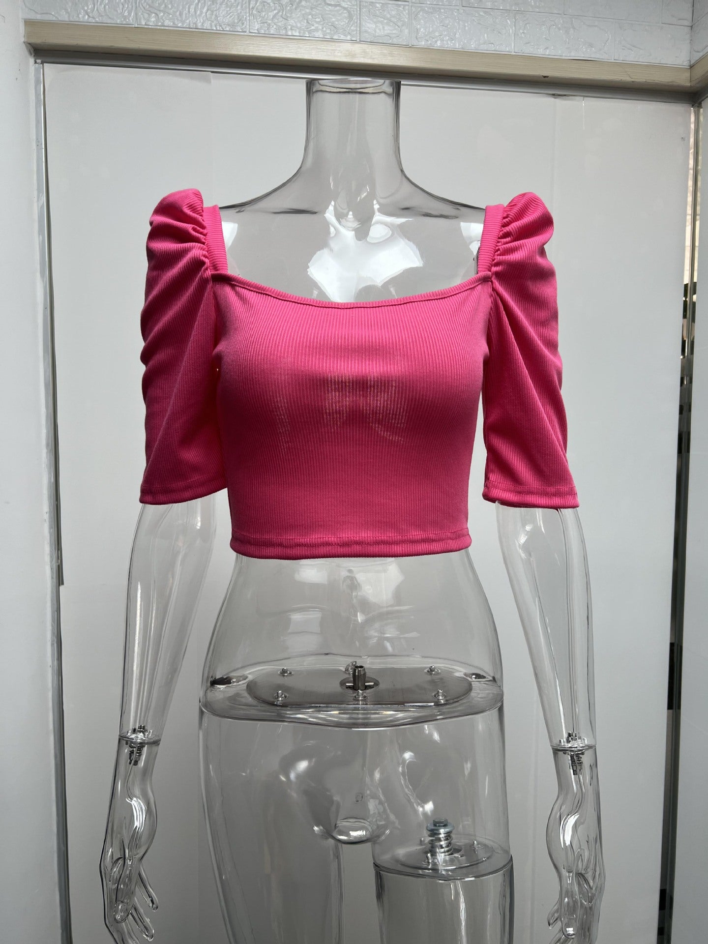 Sexy Square Neckline Short Sleeves Midriff Baring Tops