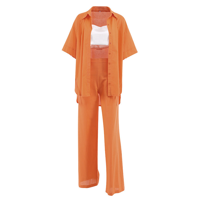 Summer Short Sleeves Orange Shirts and Wide Leg Pants Two Pieces Suits