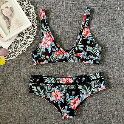 Women High Waist Floral Print V Neck Bikini-STYLEGOING