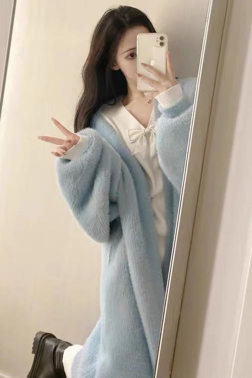 Classy Mink Velvet Cozy Long Knitting Cardigan Coats