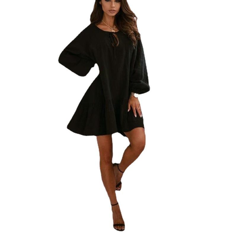 Women Lace Up Linen Long Sleeves Short Dresses-STYLEGOING