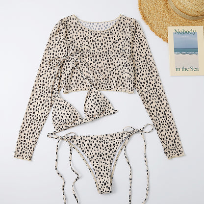 Sexy Long Sleeves Leopard Three Pieces Women Bikinis Swimwear