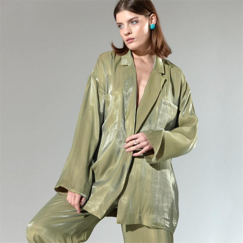Casual Satin Women Long Sleeves Shirts and Wide Leg Pants
