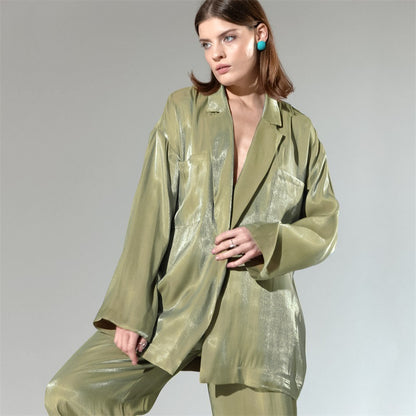 Casual Satin Women Long Sleeves Shirts and Wide Leg Pants
