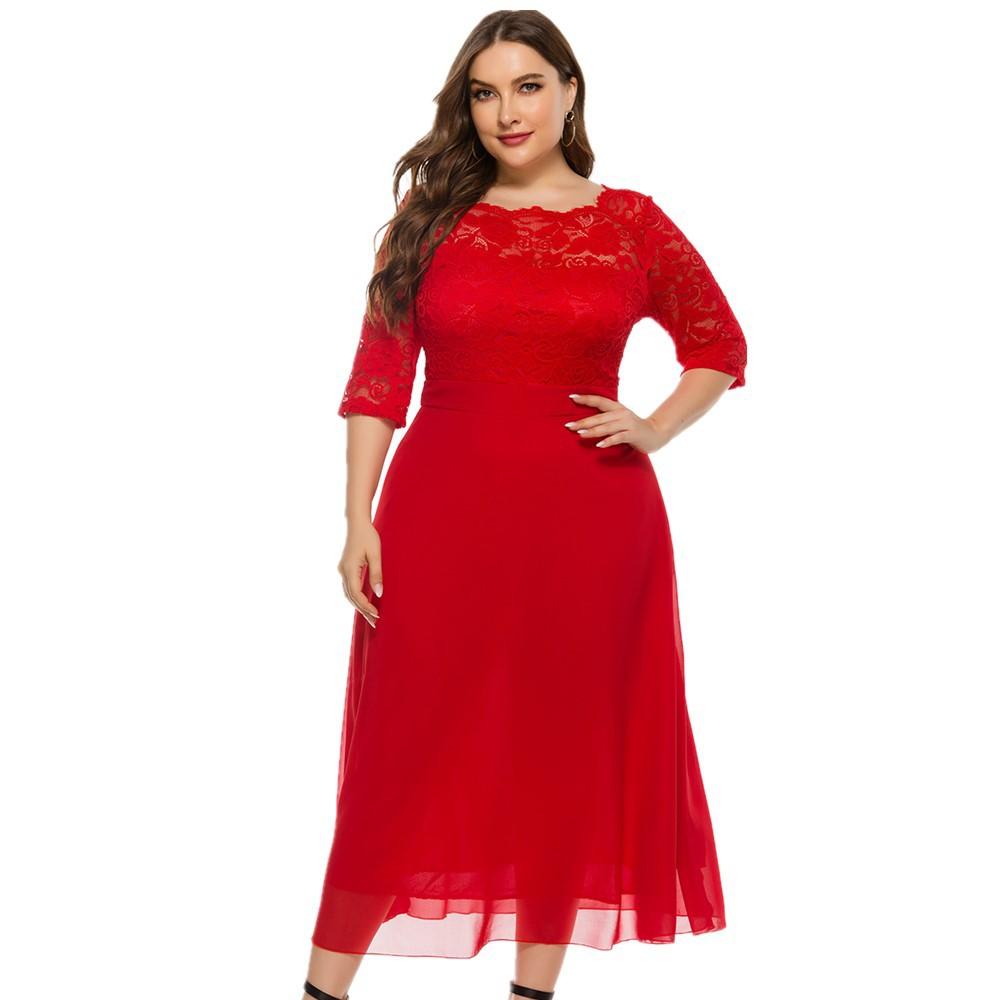 Red 3/4 Length Sleeves Lace Red Plus Size Dresses-STYLEGOING