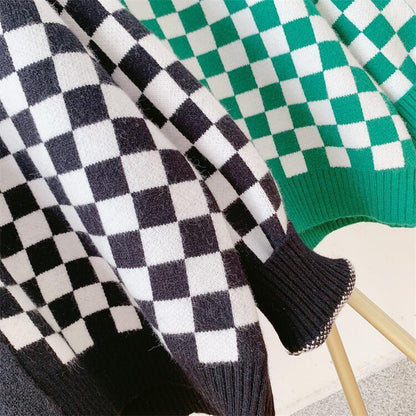 Women Chessboard Print Loose Knitting Cardigans